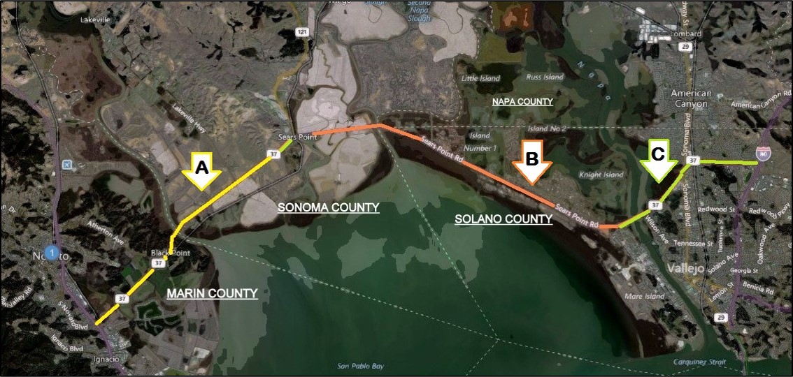 sr37 map with sections and names in marin county, sonoma county, and solano county